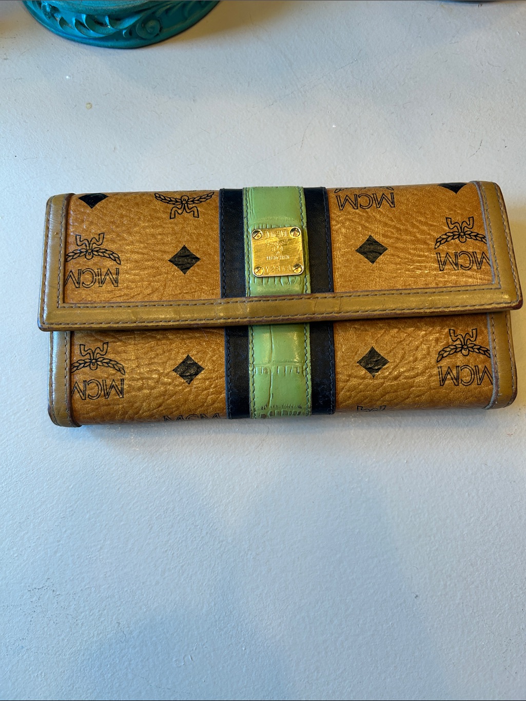 Mcm Cognac Wallet With Green And Black Center Stripe